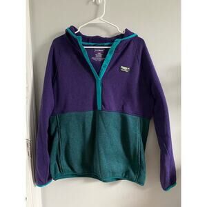LL Bean Womens Large Jacket Pullover Knit Fleece Purple Green Colorblock Snap